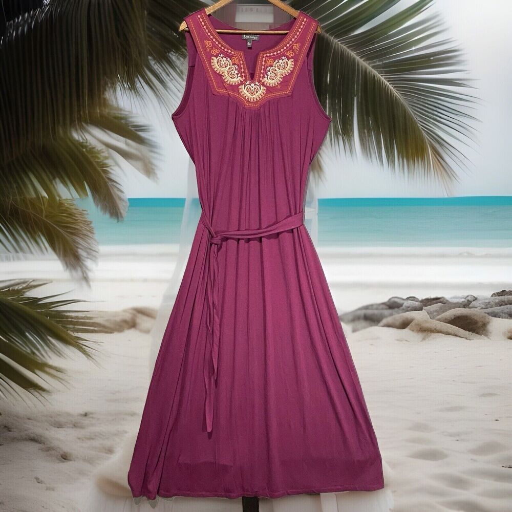 NWT Luxology Embroidered PURPLE Plum Women's Belted‎ Maxi Long Dress X-Large